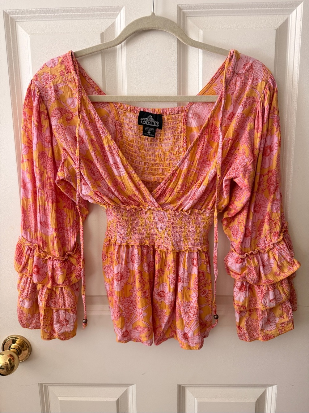 Angie Pink & Yellow Floral Smocked V-Neck Blouse